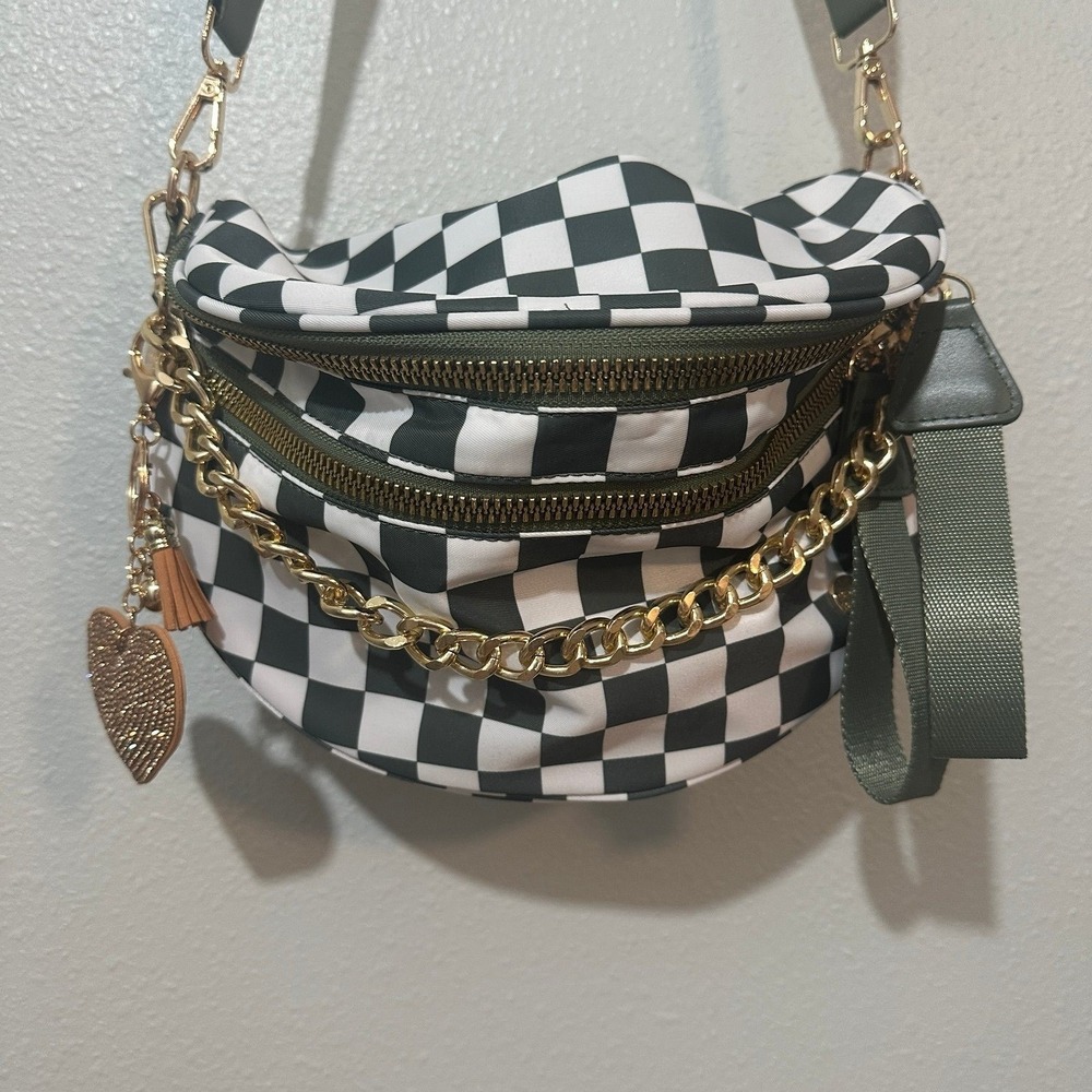 Green Checkerboard Bum Bag Crossbody Bag with Gold Chain